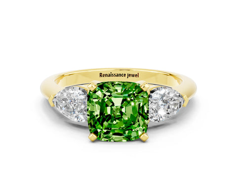 Yellow gold Three-Stone Cushion Cut Peridot Ring with Pear Side Stones and Four-Prong Setting