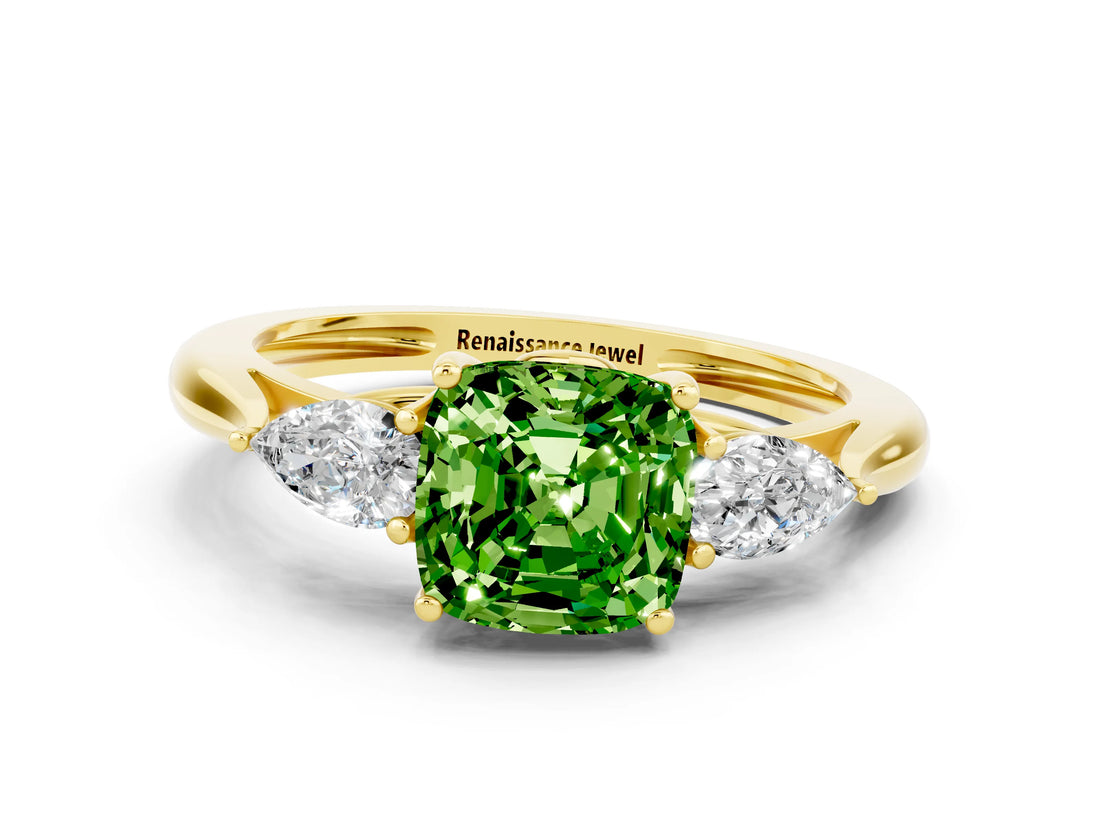 Yellow gold Three-Stone Cushion Cut Peridot Ring with Pear  Side Stones in Four-Prong Setting_36
