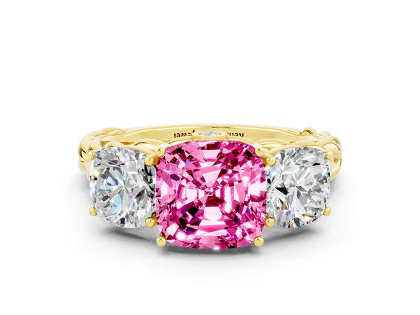 Yellow gold Three-Stone Cushion Cut Pink Sapphire Braided Band Ring with Four-Prong Setting