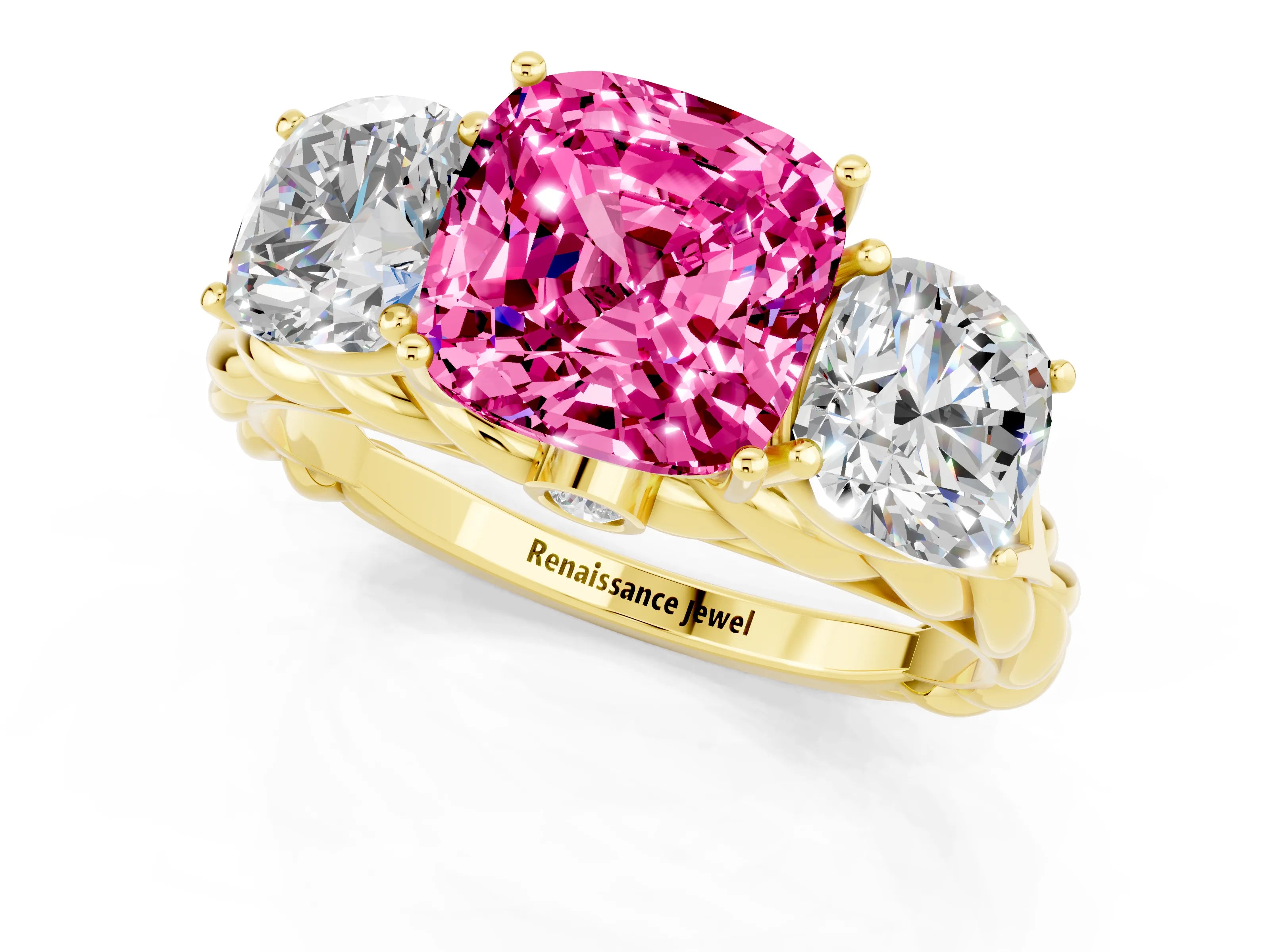 Yellow gold Three-Stone Cushion Cut Pink Sapphire Braided Band Ring with Four-Prong Setting_37