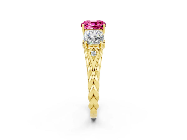 Yellow gold Three-Stone Cushion Cut Pink Sapphire Braided Band Ring with Four-Prong Setting
