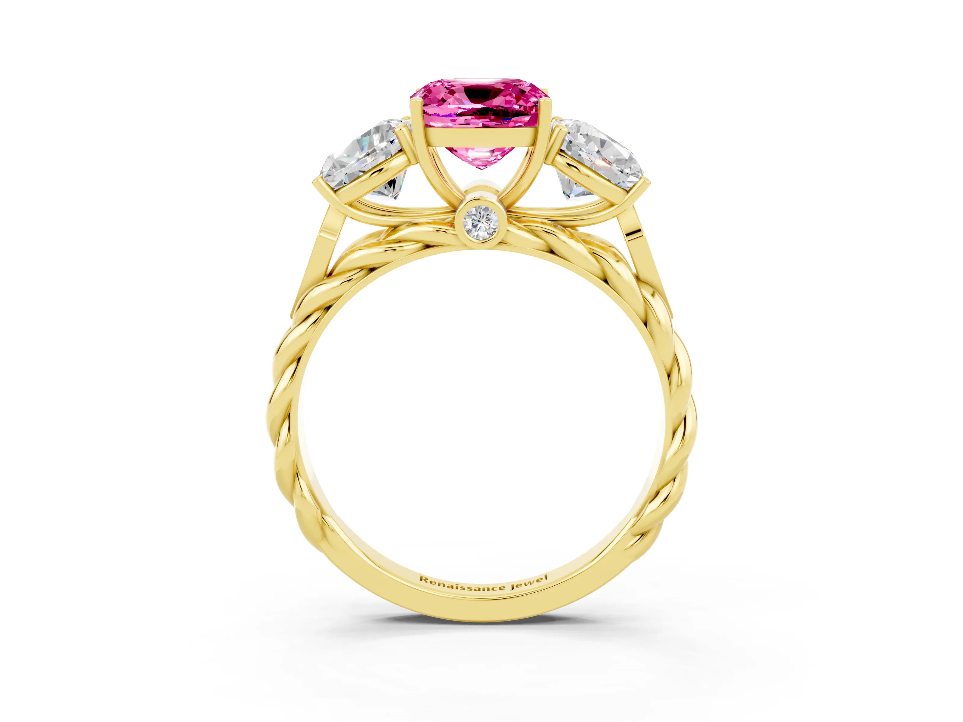 Yellow gold Three-Stone Cushion Cut Pink Sapphire Braided Band Ring with Four-Prong Setting_39
