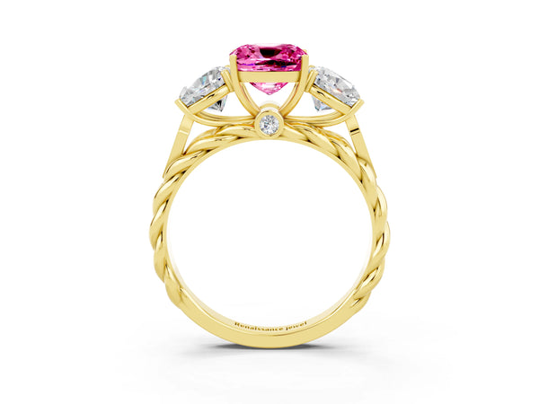 Yellow gold Three-Stone Cushion Cut Pink Sapphire Braided Band Ring with Four-Prong Setting