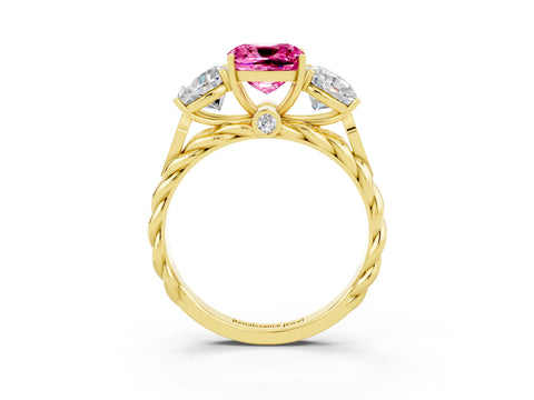 Yellow gold Three-Stone Cushion Cut Pink Sapphire Braided Band Ring with Four-Prong Setting_39