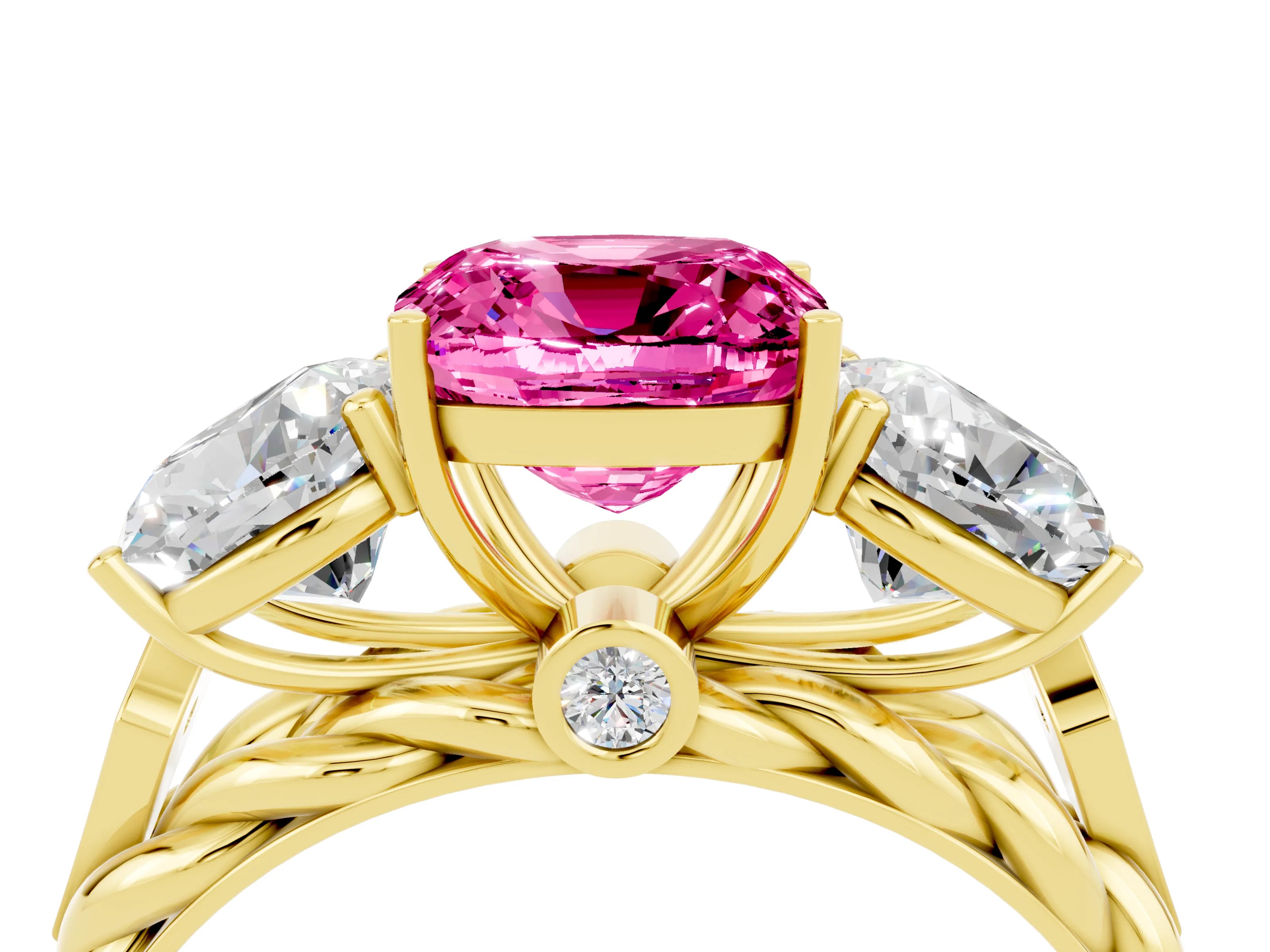 Yellow gold Three-Stone Cushion Cut Pink Sapphire Braided Band Ring with Four-Prong Setting_40