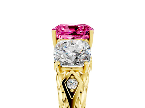 Yellow gold Three-Stone Cushion Cut Pink Sapphire Braided Band Ring with Four-Prong Setting_41