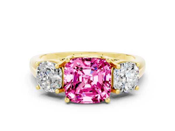 Yellow gold Three-Stone Cushion Cut Pink Sapphire Engagement Ring with Prong Setting