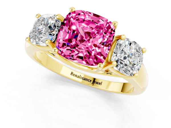 Yellow gold Three-Stone Cushion Cut Pink Sapphire Engagement Ring with Prong Setting