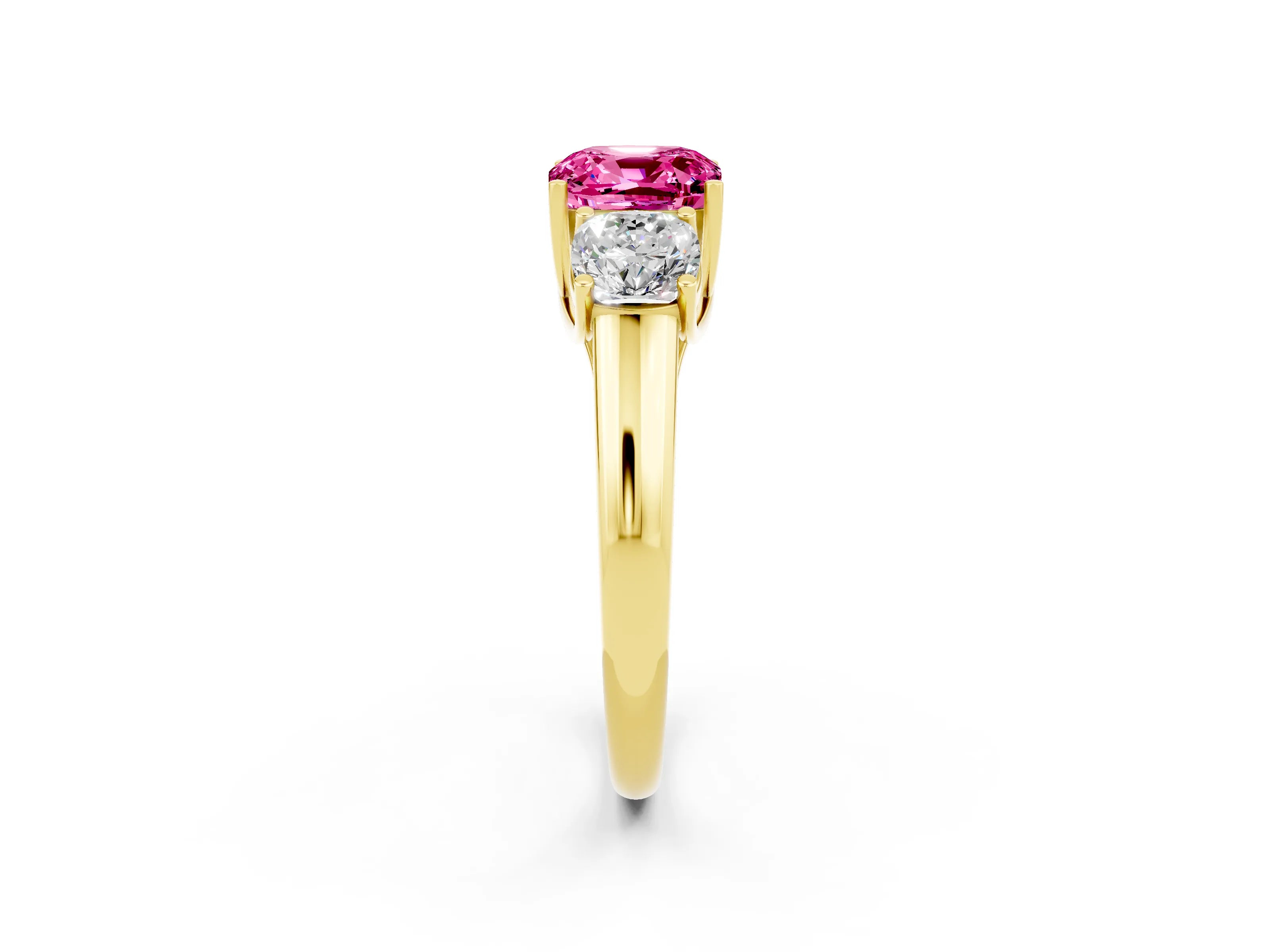Yellow gold Three-Stone Cushion Cut Pink Sapphire Engagement Ring with Prong Setting_2