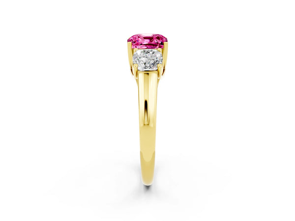 Yellow gold Three-Stone Cushion Cut Pink Sapphire Engagement Ring with Prong Setting