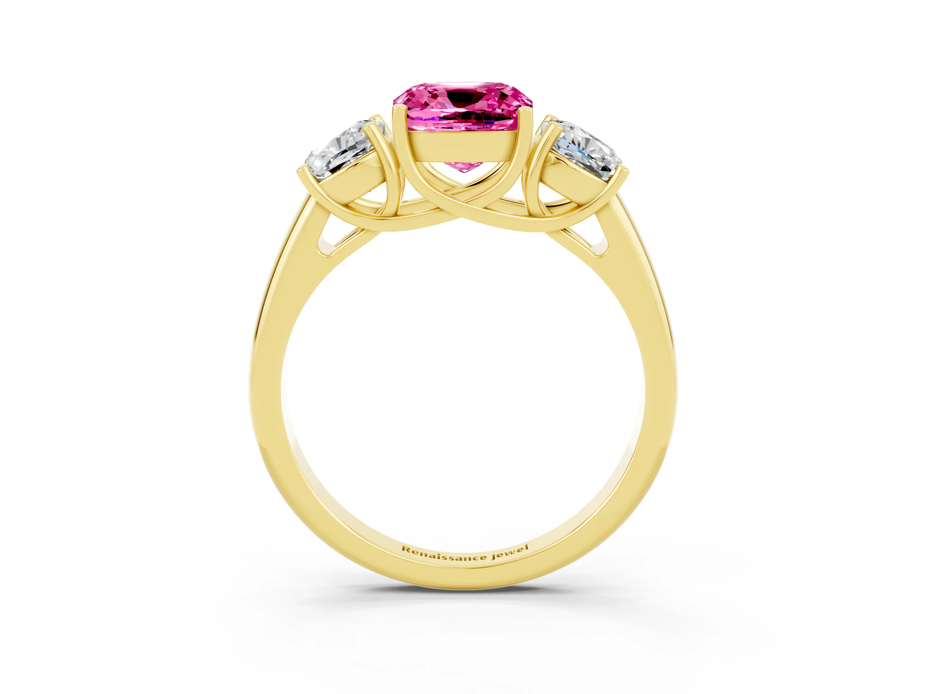 Yellow gold Three-Stone Cushion Cut Pink Sapphire Engagement Ring with Prong Setting_3