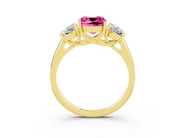 Yellow gold Three-Stone Cushion Cut Pink Sapphire Engagement Ring with Prong Setting