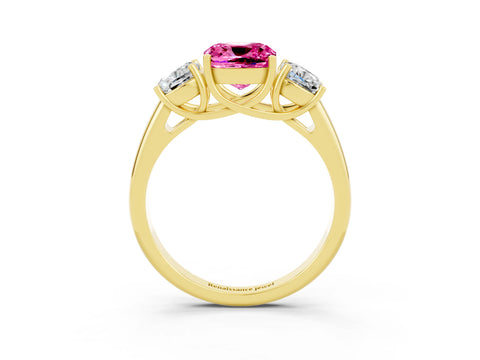 Yellow gold Three-Stone Cushion Cut Pink Sapphire Engagement Ring with Prong Setting_3
