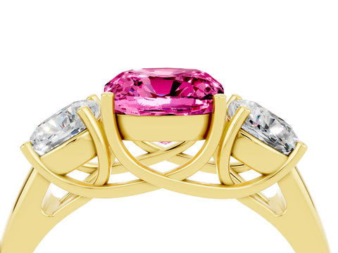 Yellow gold Three-Stone Cushion Cut Pink Sapphire Engagement Ring with Prong Setting_4