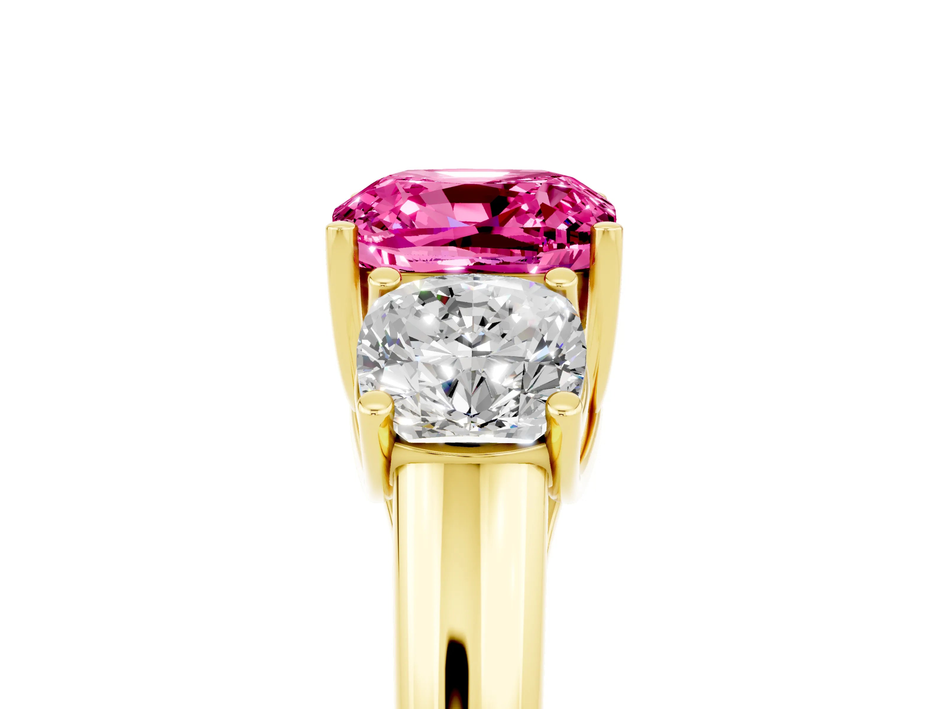 Yellow gold Three-Stone Cushion Cut Pink Sapphire Engagement Ring with Prong Setting_5