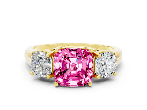 Yellow gold Three-Stone Cushion Cut Pink Sapphire Engagement Ring with Prong Setting