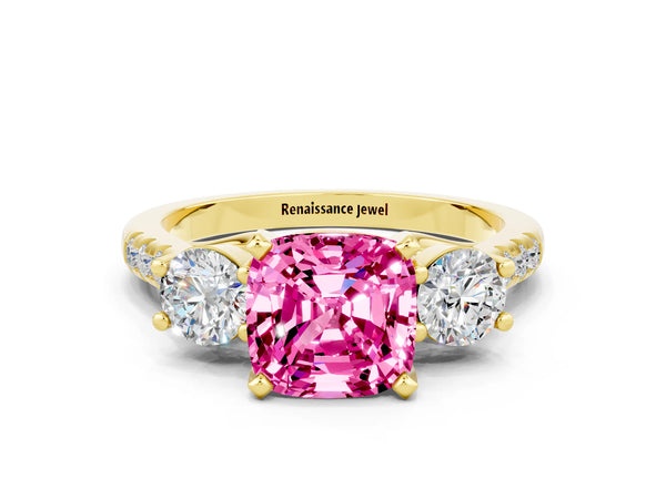 Yellow gold Three-Stone Cushion Cut Pink Sapphire Pavé Band with Four-Prong Setting