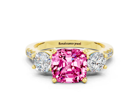 Yellow gold Three-Stone Cushion Cut Pink Sapphire Pavé Band with Four-Prong Setting_24