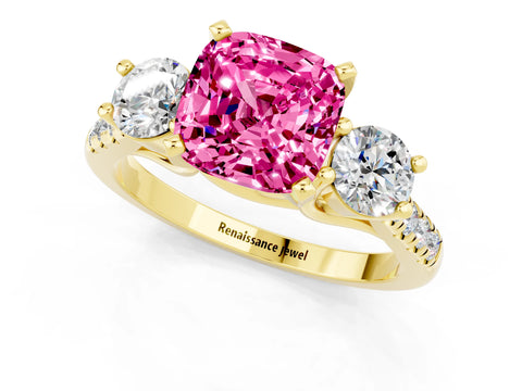 Yellow gold Three-Stone Cushion Cut Pink Sapphire Pavé Band with Four-Prong Setting_25