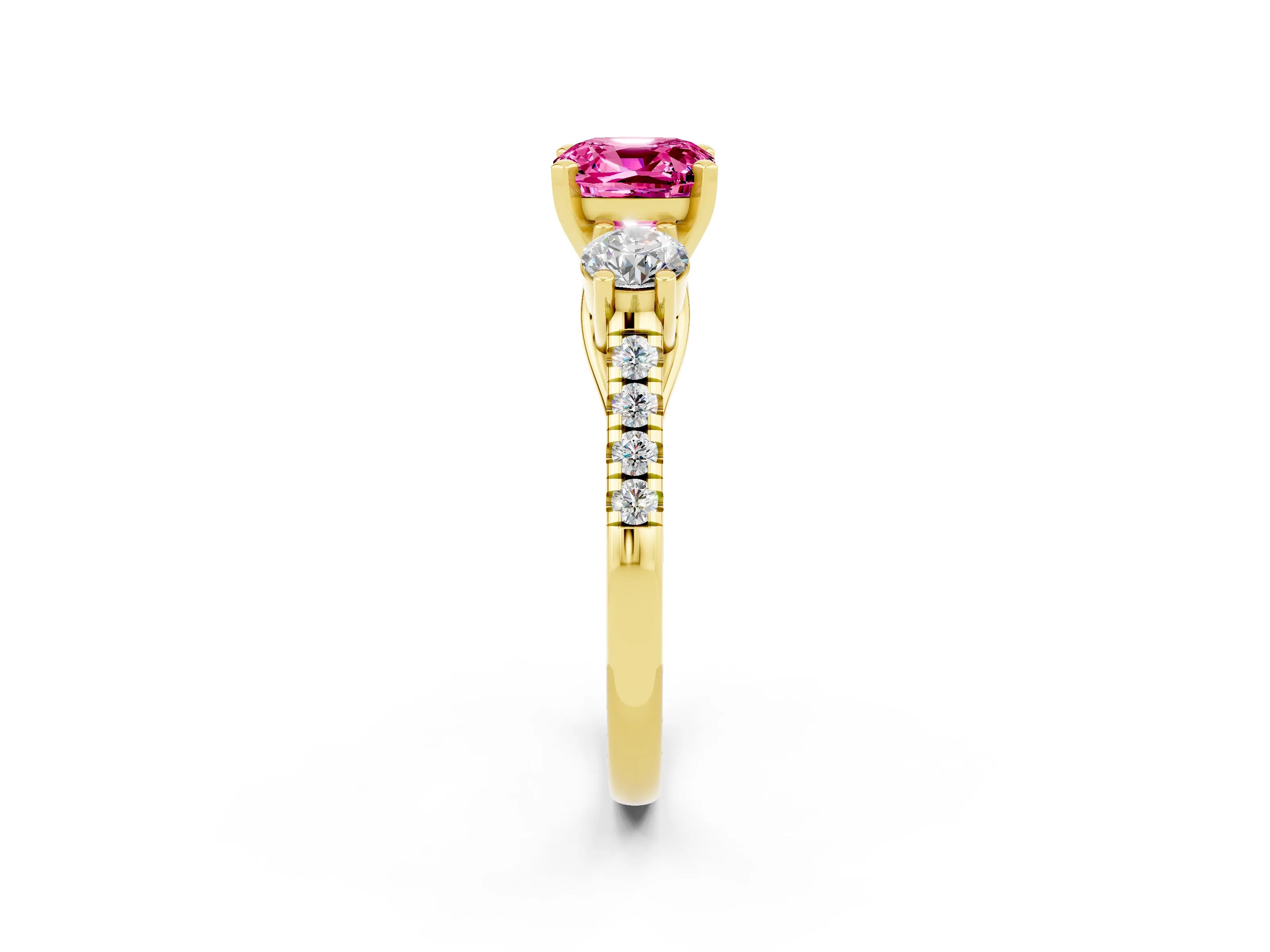Yellow gold Three-Stone Cushion Cut Pink Sapphire Pavé Band with Four-Prong Setting_26