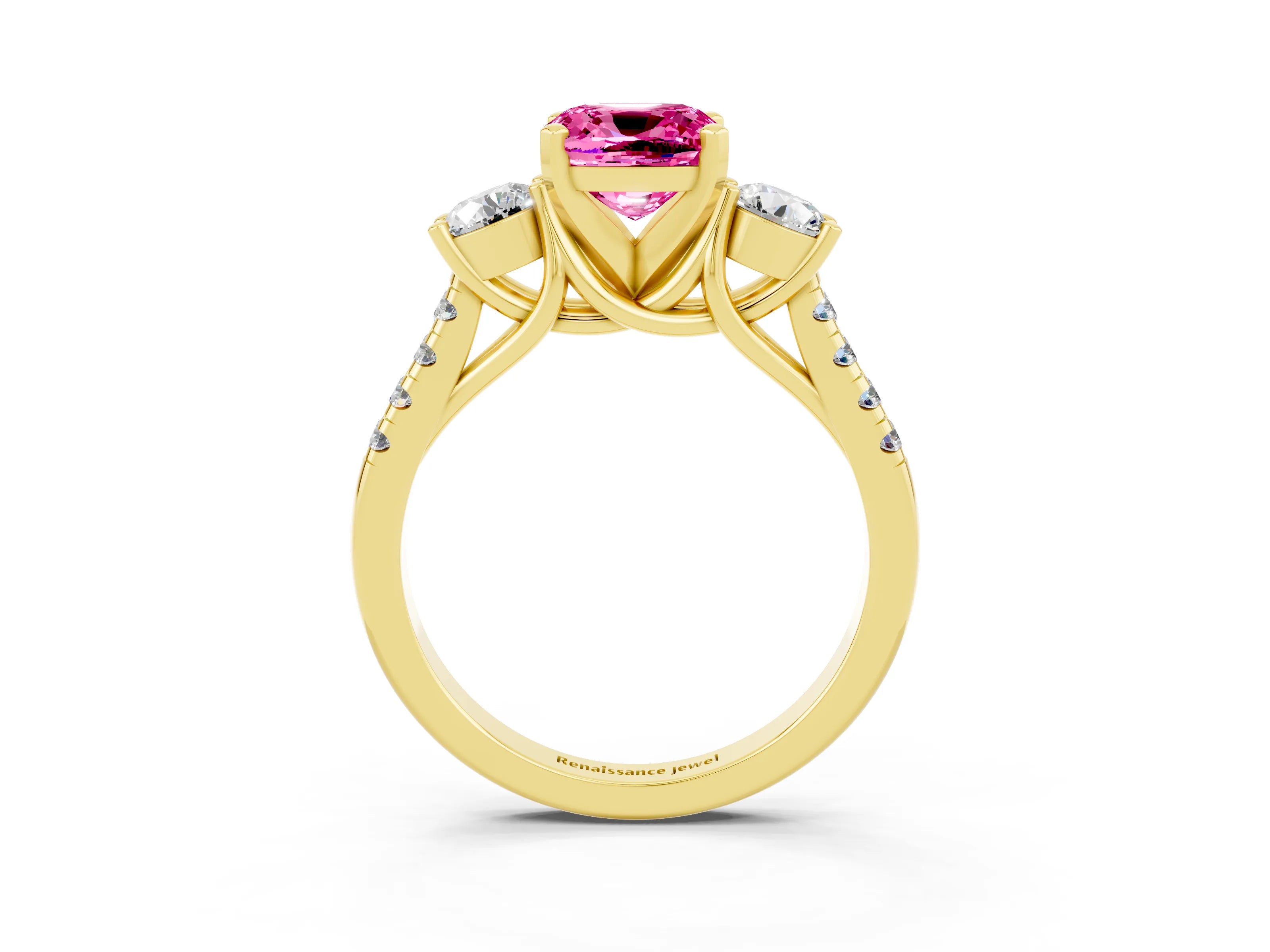 Yellow gold Three-Stone Cushion Cut Pink Sapphire Pavé Band with Four-Prong Setting_27