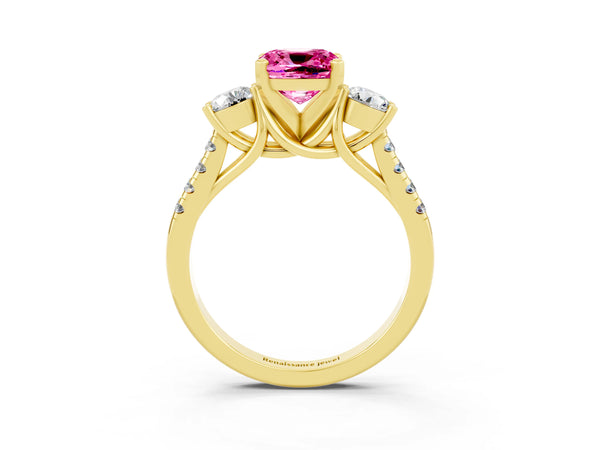 Yellow gold Three-Stone Cushion Cut Pink Sapphire Pavé Band with Four-Prong Setting