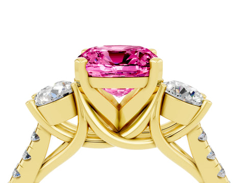 Yellow gold Three-Stone Cushion Cut Pink Sapphire Pavé Band with Four-Prong Setting_28