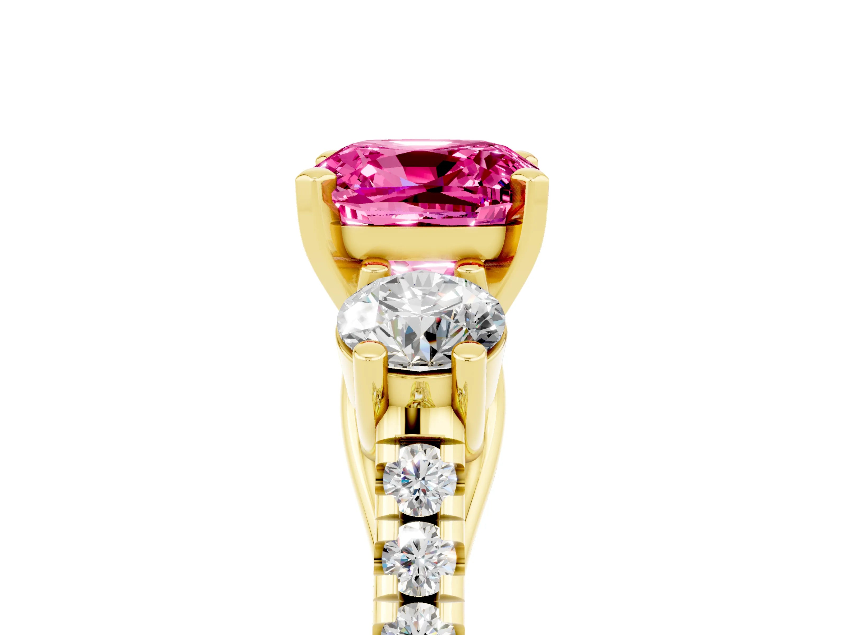 Yellow gold Three-Stone Cushion Cut Pink Sapphire Pavé Band with Four-Prong Setting_29