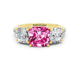 Yellow gold Three-Stone Cushion Cut Pink Sapphire Ring with Pavé Band and Prong Setting_36