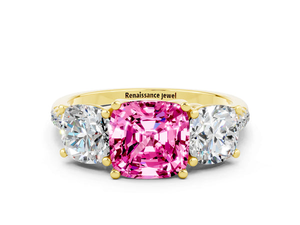 Yellow gold Three-Stone Cushion Cut Pink Sapphire Ring with Round  Pavé Band and Prong Setting