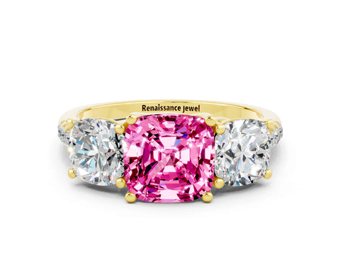 Yellow gold Three-Stone Cushion Cut Pink Sapphire Ring with Pavé Band and Prong Setting_36