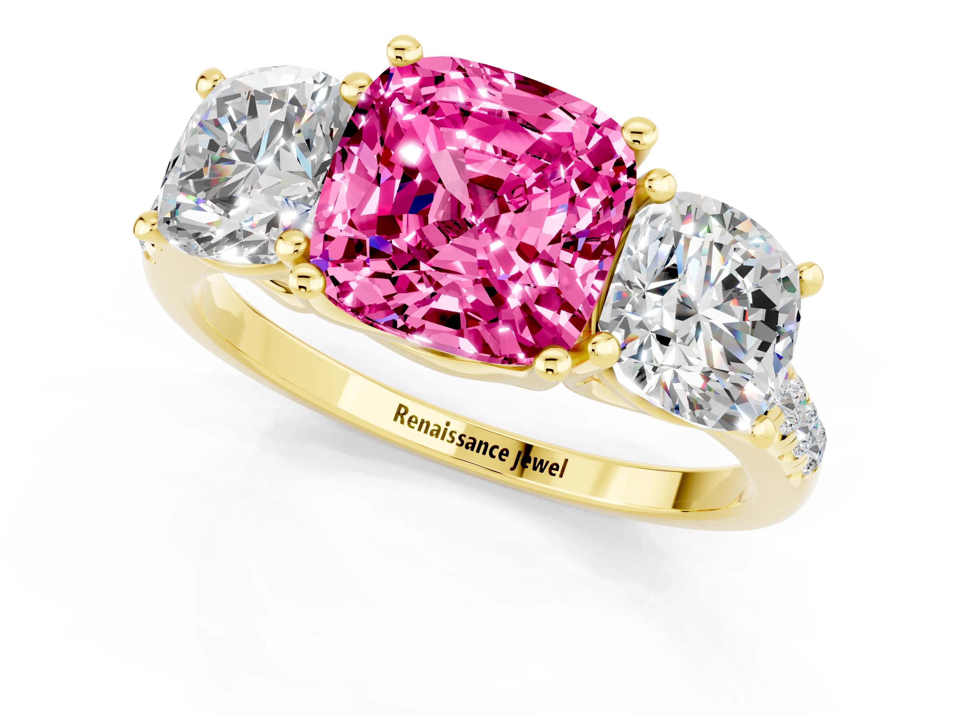 Yellow gold Three-Stone Cushion Cut Pink Sapphire Ring with Pavé Band and Prong Setting_37