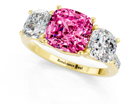 Yellow gold Three-Stone Cushion Cut Pink Sapphire Ring with Pavé Band and Prong Setting_37