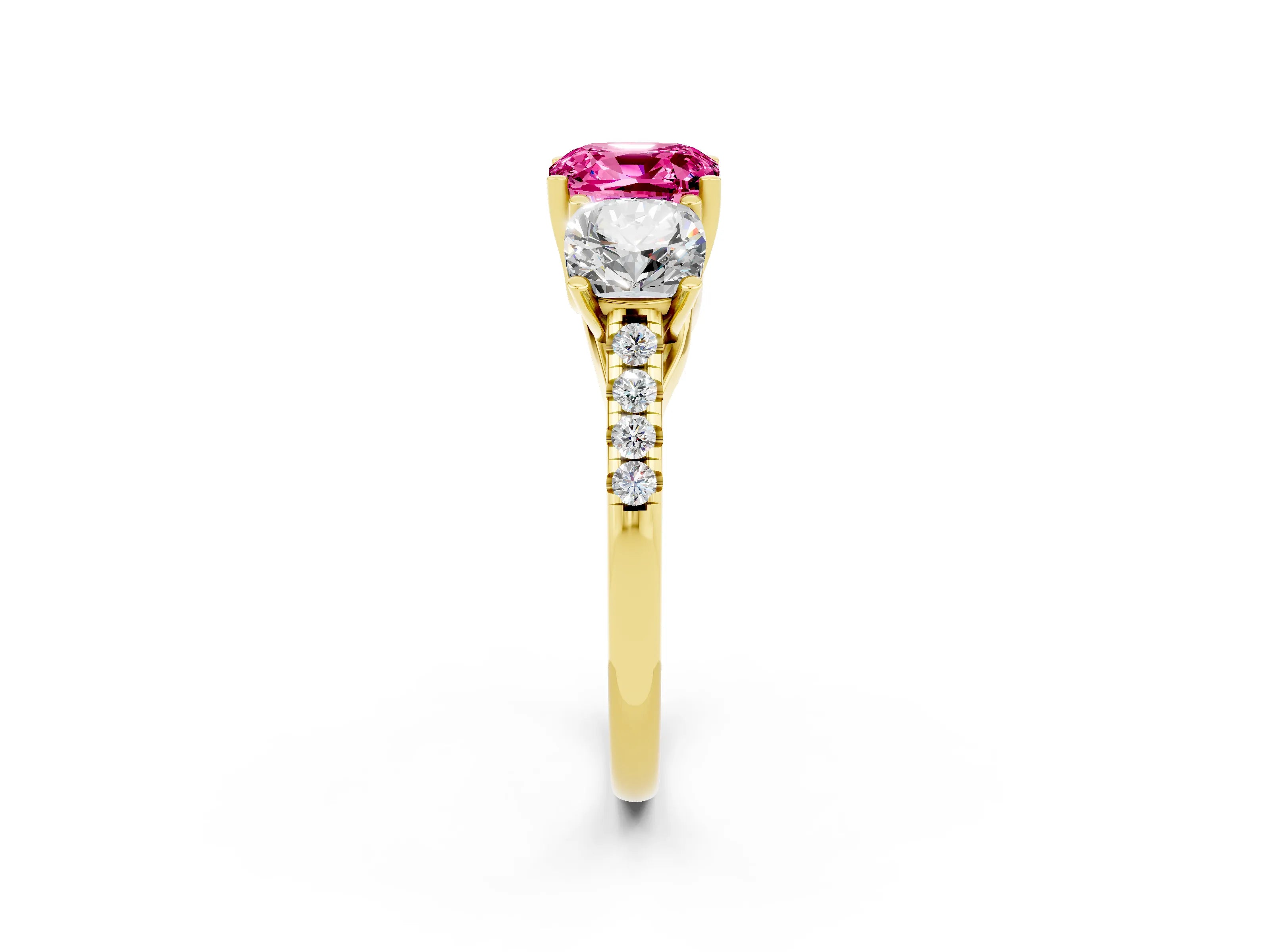 Yellow gold Three-Stone Cushion Cut Pink Sapphire Ring with Pavé Band and Prong Setting_38
