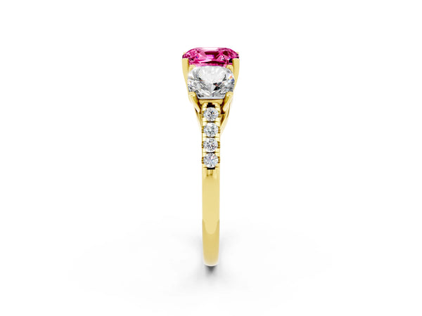 Yellow gold Three-Stone Cushion Cut Pink Sapphire Ring with Round  Pavé Band and Prong Setting