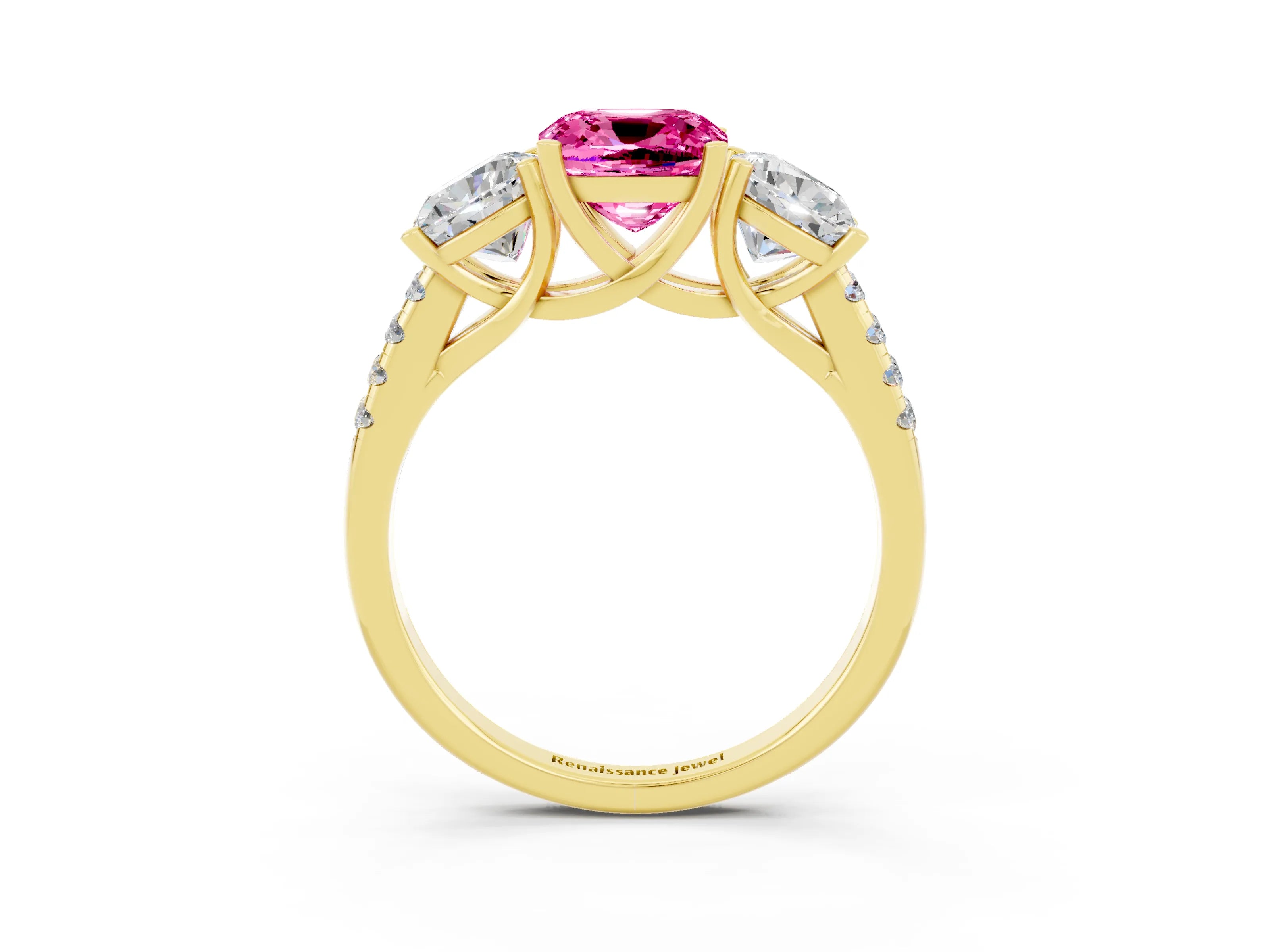 Yellow gold Three-Stone Cushion Cut Pink Sapphire Ring with Pavé Band and Prong Setting_39