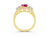 Yellow gold Three-Stone Cushion Cut Pink Sapphire Ring with Pavé Band and Prong Setting_39