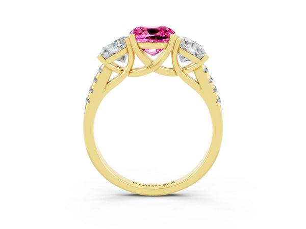 Yellow gold Three-Stone Cushion Cut Pink Sapphire Ring with Round  Pavé Band and Prong Setting