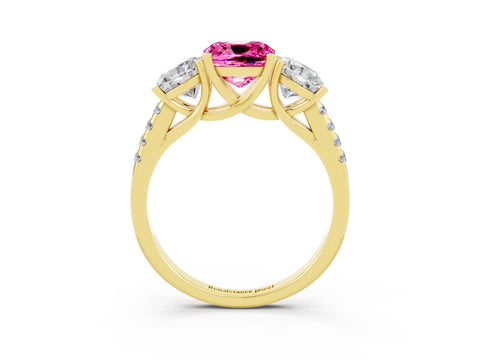 Yellow gold Three-Stone Cushion Cut Pink Sapphire Ring with Pavé Band and Prong Setting_39