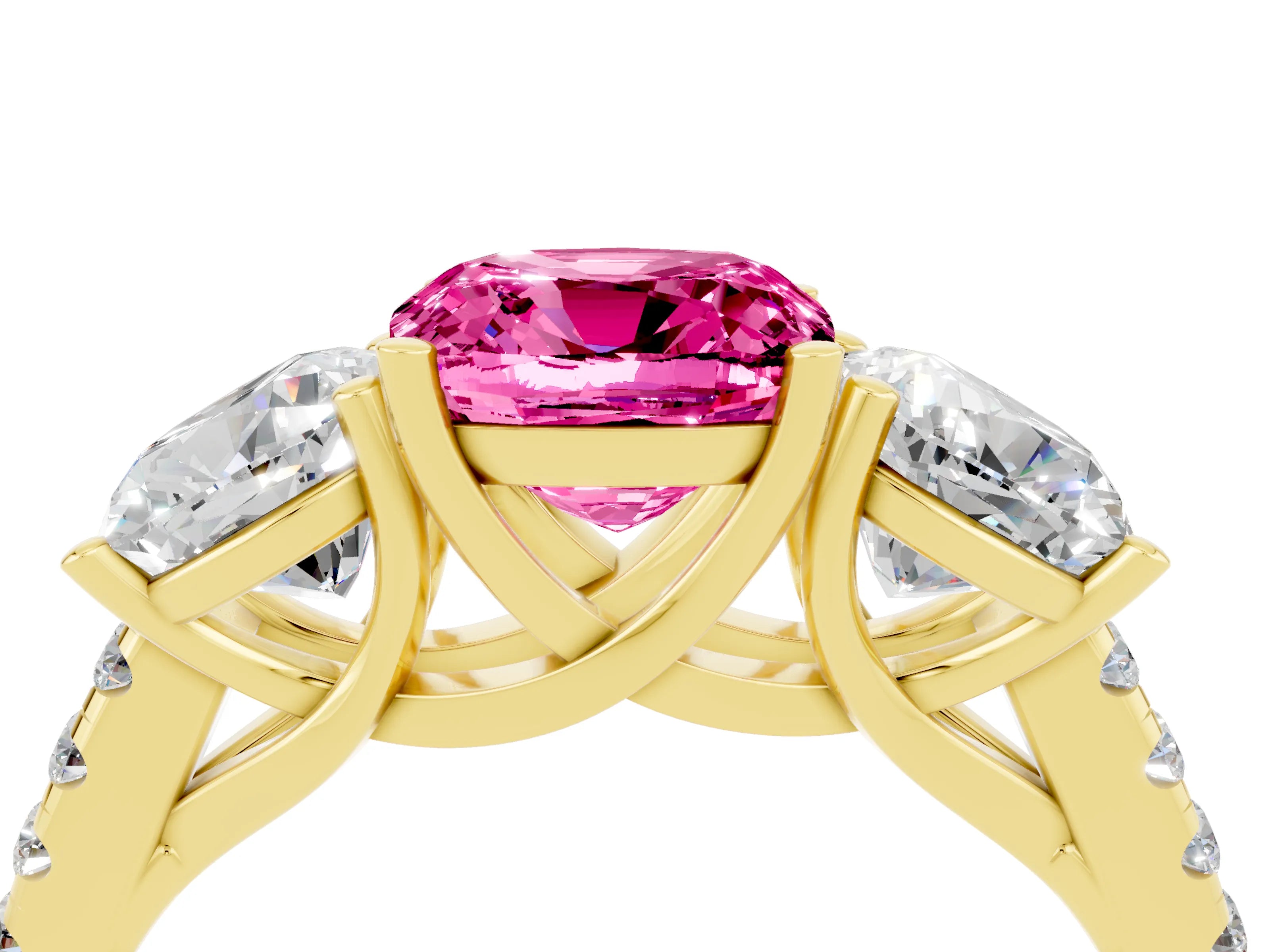 Yellow gold Three-Stone Cushion Cut Pink Sapphire Ring with Pavé Band and Prong Setting_40
