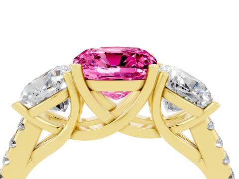 Yellow gold Three-Stone Cushion Cut Pink Sapphire Ring with Pavé Band and Prong Setting_40