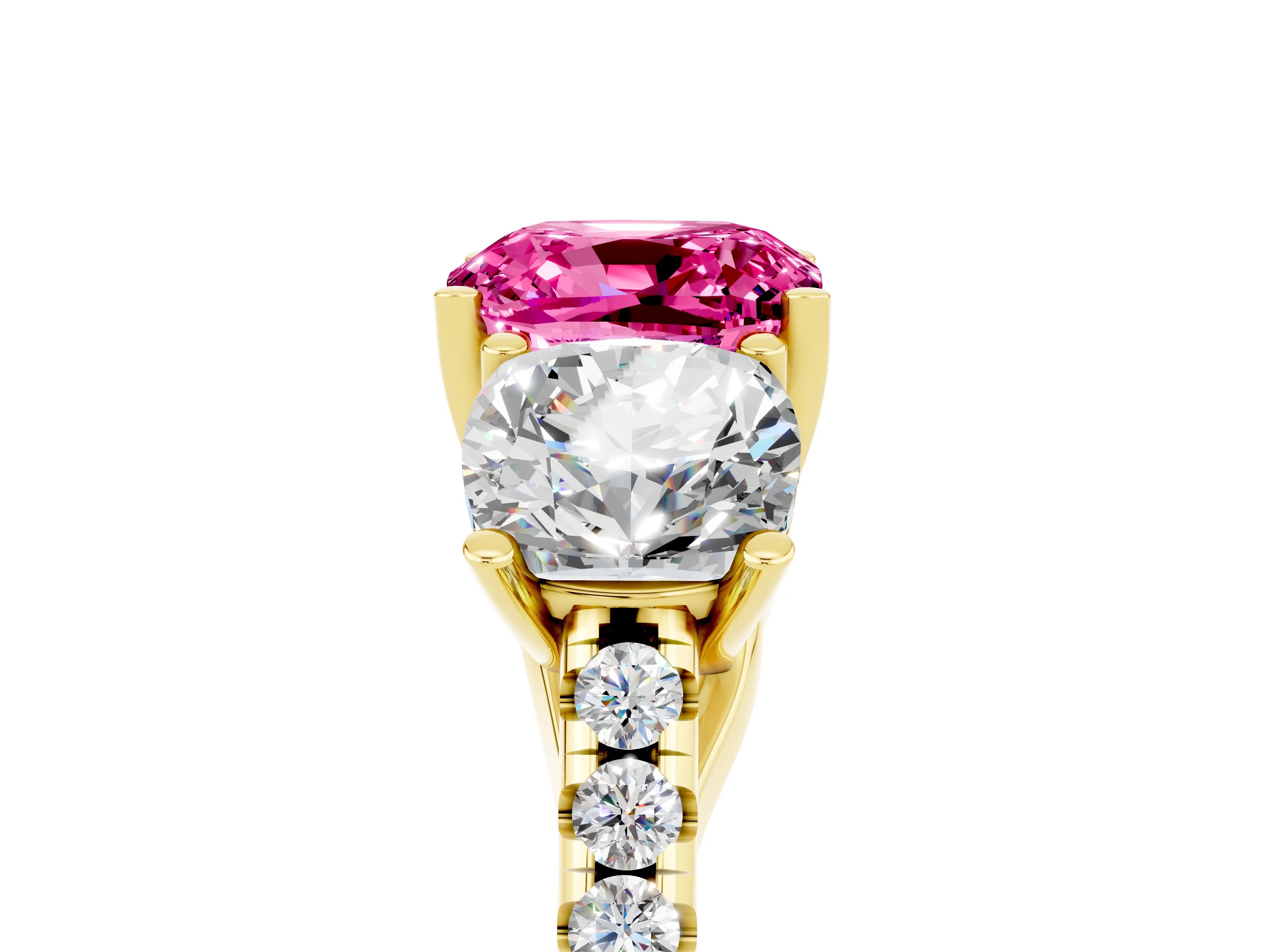 Yellow gold Three-Stone Cushion Cut Pink Sapphire Ring with Pavé Band and Prong Setting_41