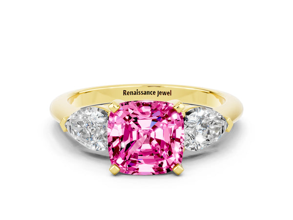 Yellow gold Three-Stone Cushion Cut Pink Sapphire Ring with Pear Side Stones and Four-Prong Setting