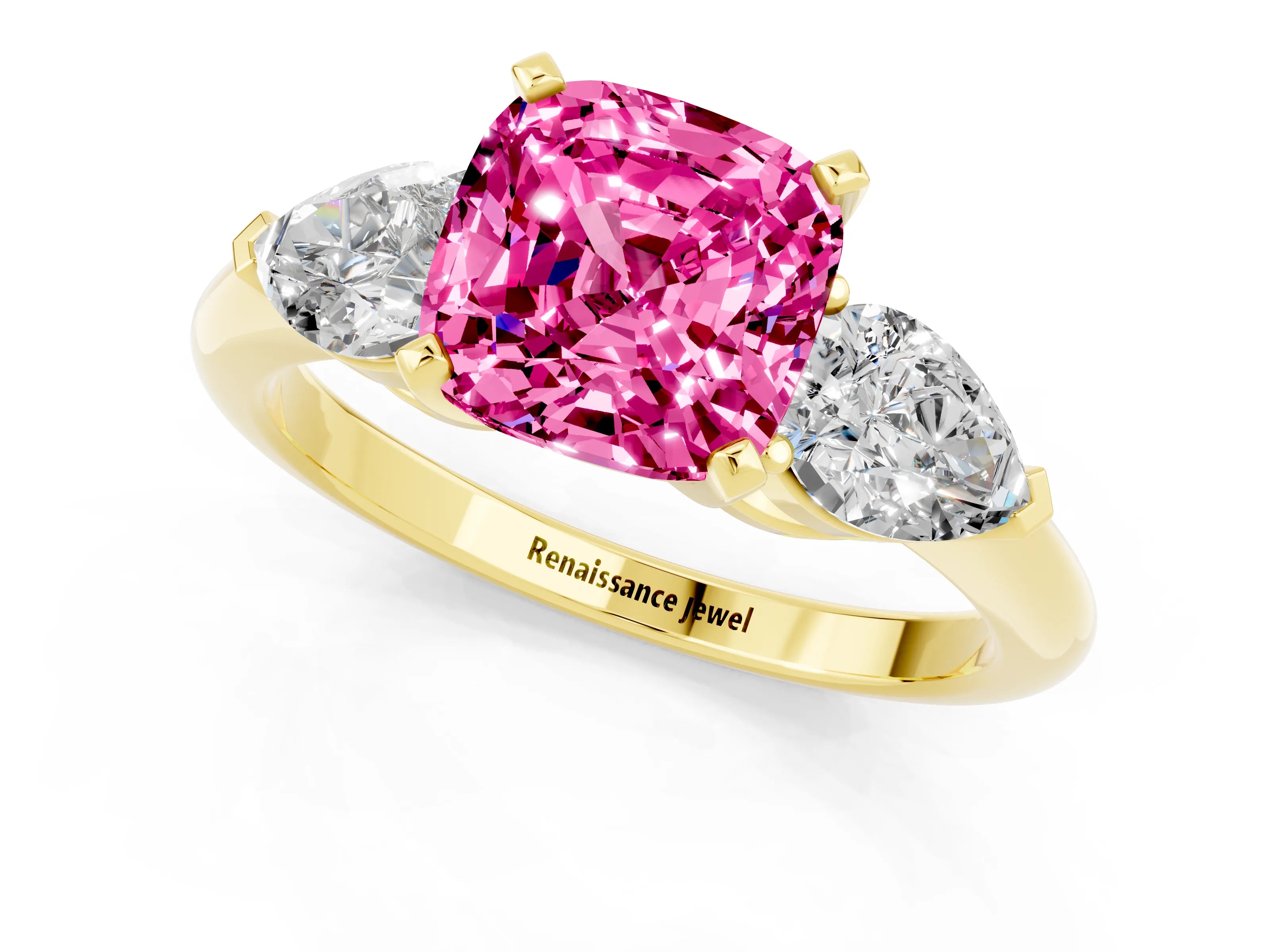 Yellow gold Three-Stone Cushion Cut Pink Sapphire Ring with Pear Side Stones and Four-Prong Setting_25
