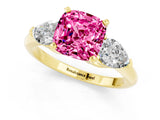 Yellow gold Three-Stone Cushion Cut Pink Sapphire Ring with Pear Side Stones and Four-Prong Setting_25