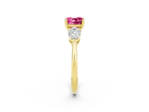 Yellow gold Three-Stone Cushion Cut Pink Sapphire Ring with Pear Side Stones and Four-Prong Setting