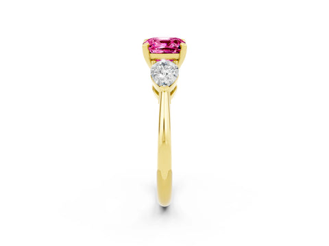 Yellow gold Three-Stone Cushion Cut Pink Sapphire Ring with Pear Side Stones and Four-Prong Setting_26