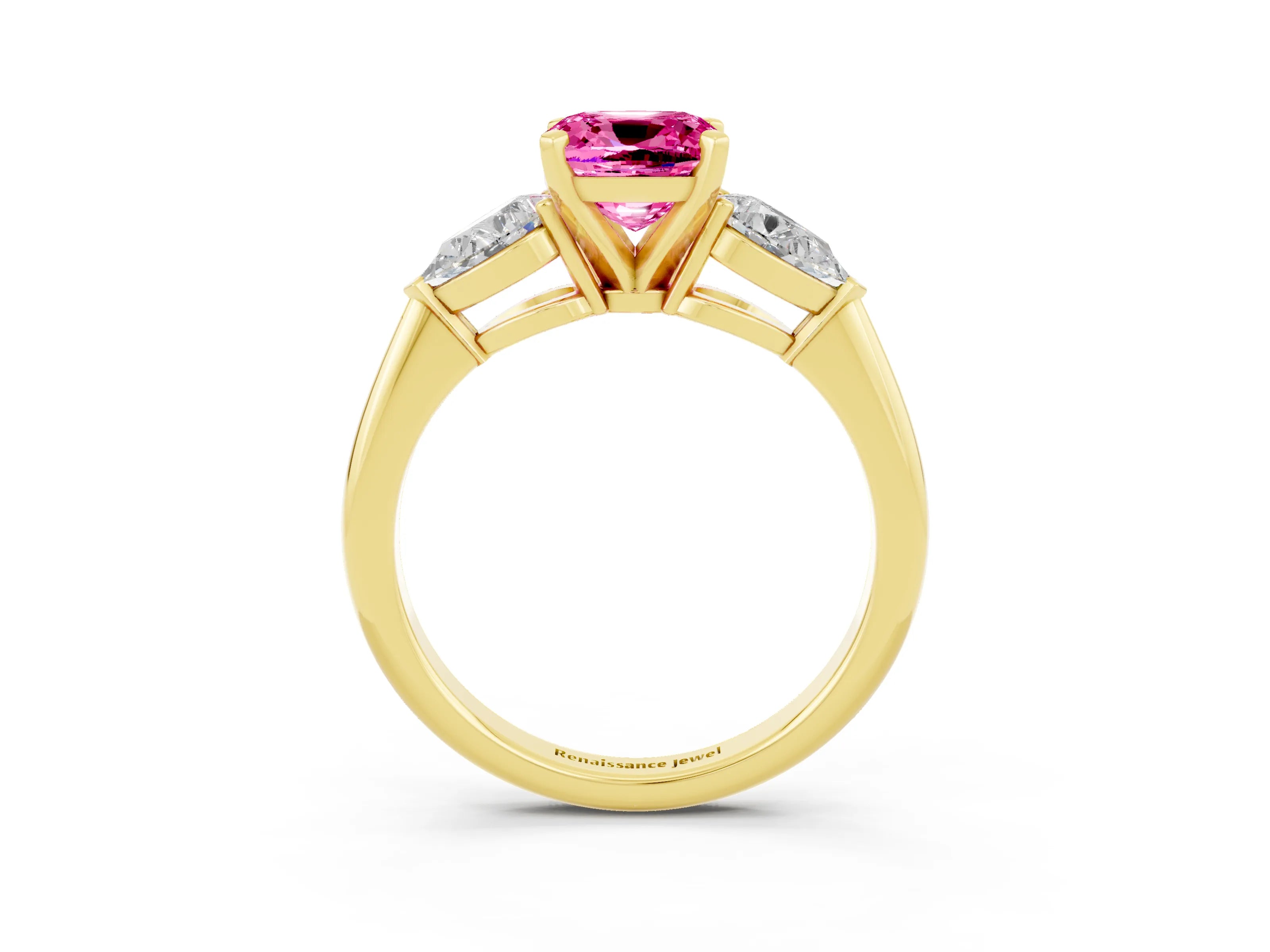 Yellow gold Three-Stone Cushion Cut Pink Sapphire Ring with Pear Side Stones and Four-Prong Setting_27