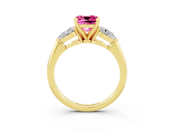 Yellow gold Three-Stone Cushion Cut Pink Sapphire Ring with Pear Side Stones and Four-Prong Setting