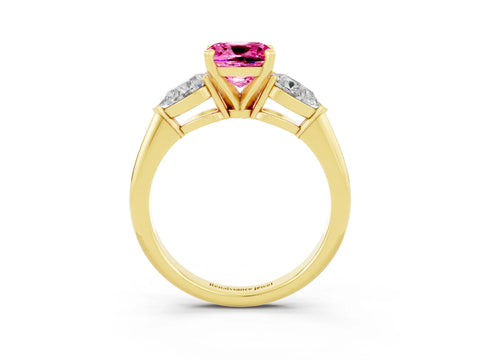Yellow gold Three-Stone Cushion Cut Pink Sapphire Ring with Pear Side Stones and Four-Prong Setting_27